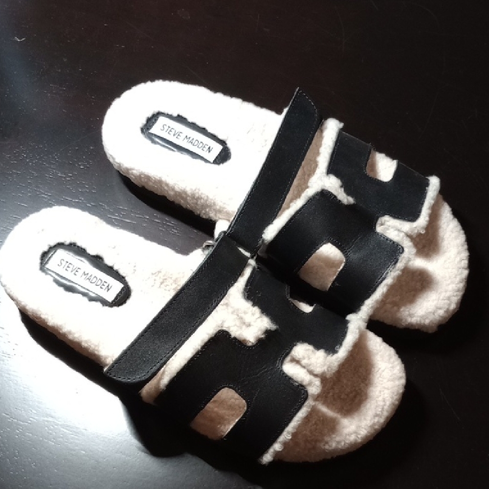 Steve Madden Black and White Fuzzy Slippers